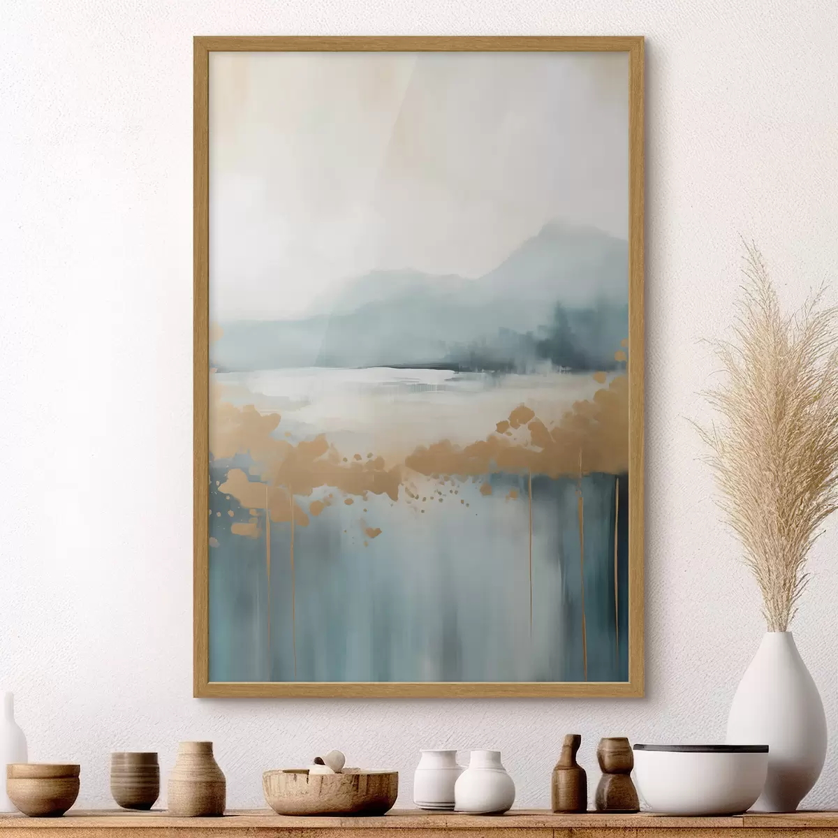 Poster Paisaje abstracto con montañas y lago en verde azulado y amarillo texturizado, pinceladas suaves, obra de arte minimalista f46703