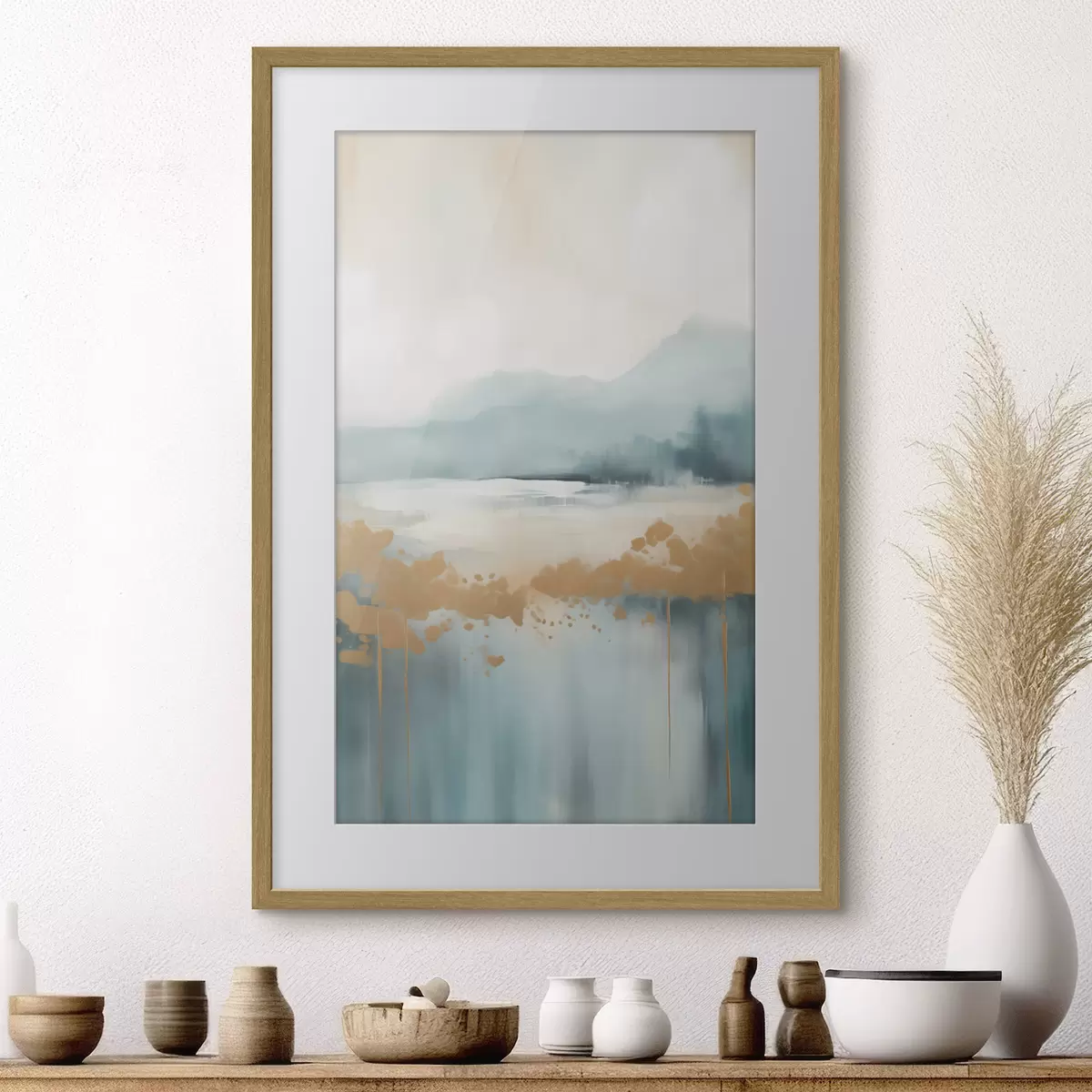 Poster Paisaje abstracto con montañas y lago en verde azulado y amarillo texturizado, pinceladas suaves, obra de arte minimalista f46703