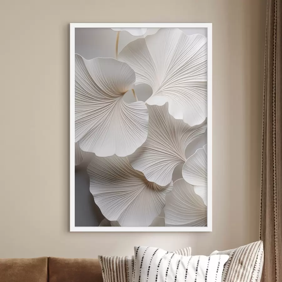 murales de pared Hojas blancas de ginkgo biloba con nervaduras detalladas, iluminación suave, diseño elegante y minimalista con textura. f46705