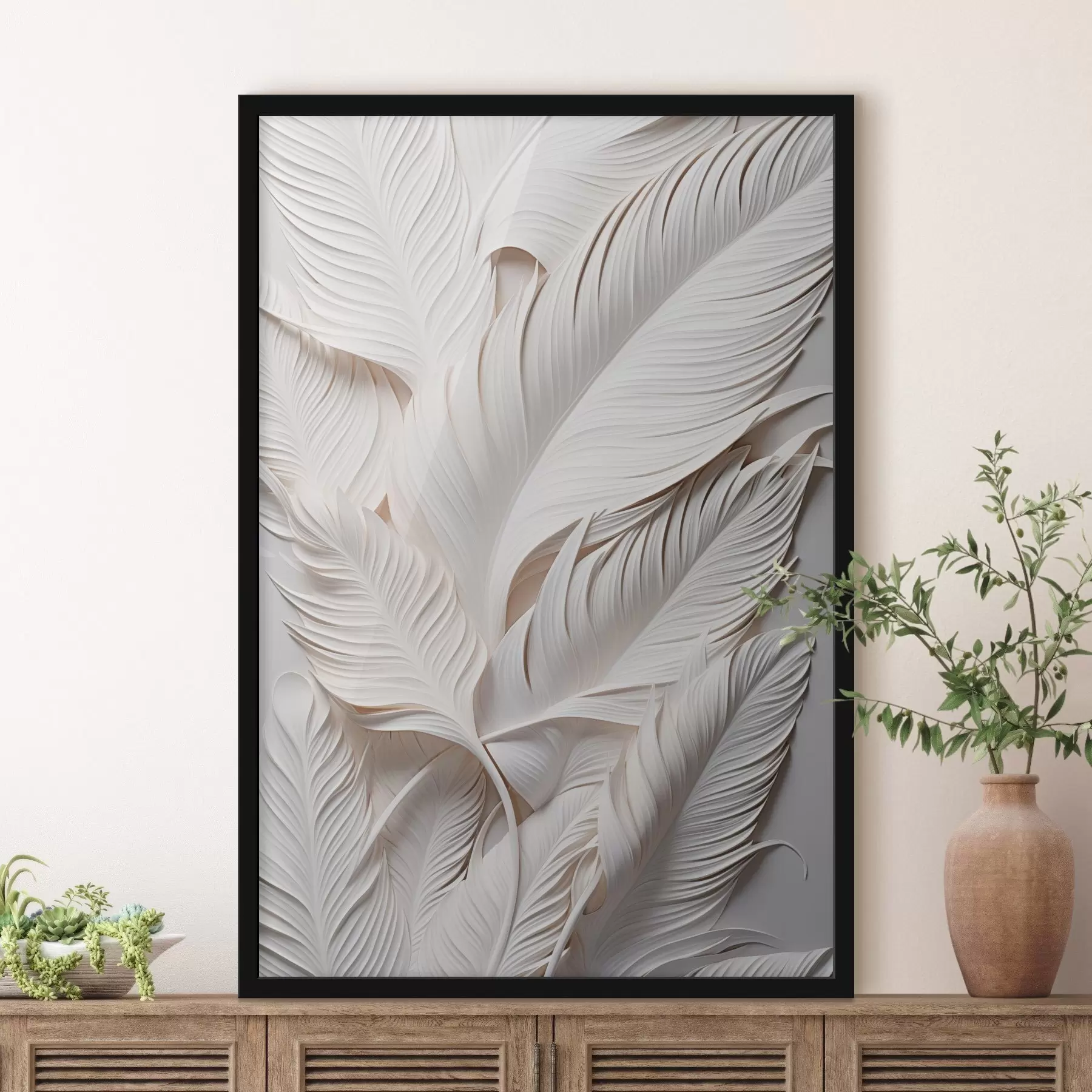 murales de pared Hojas blancas con detalles intrincados, creando un efecto texturizado y en capas, arte minimalista. f46706