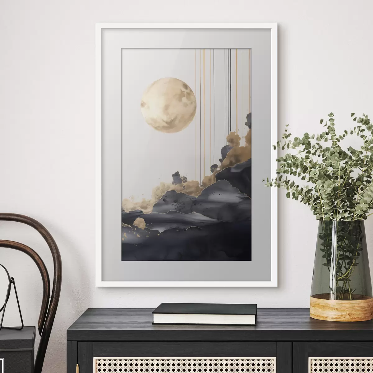 Poster Luna llena con nubes negras y amarillas texturizadas, líneas verticales, estilo abstracto, minimalista y moderno f46707
