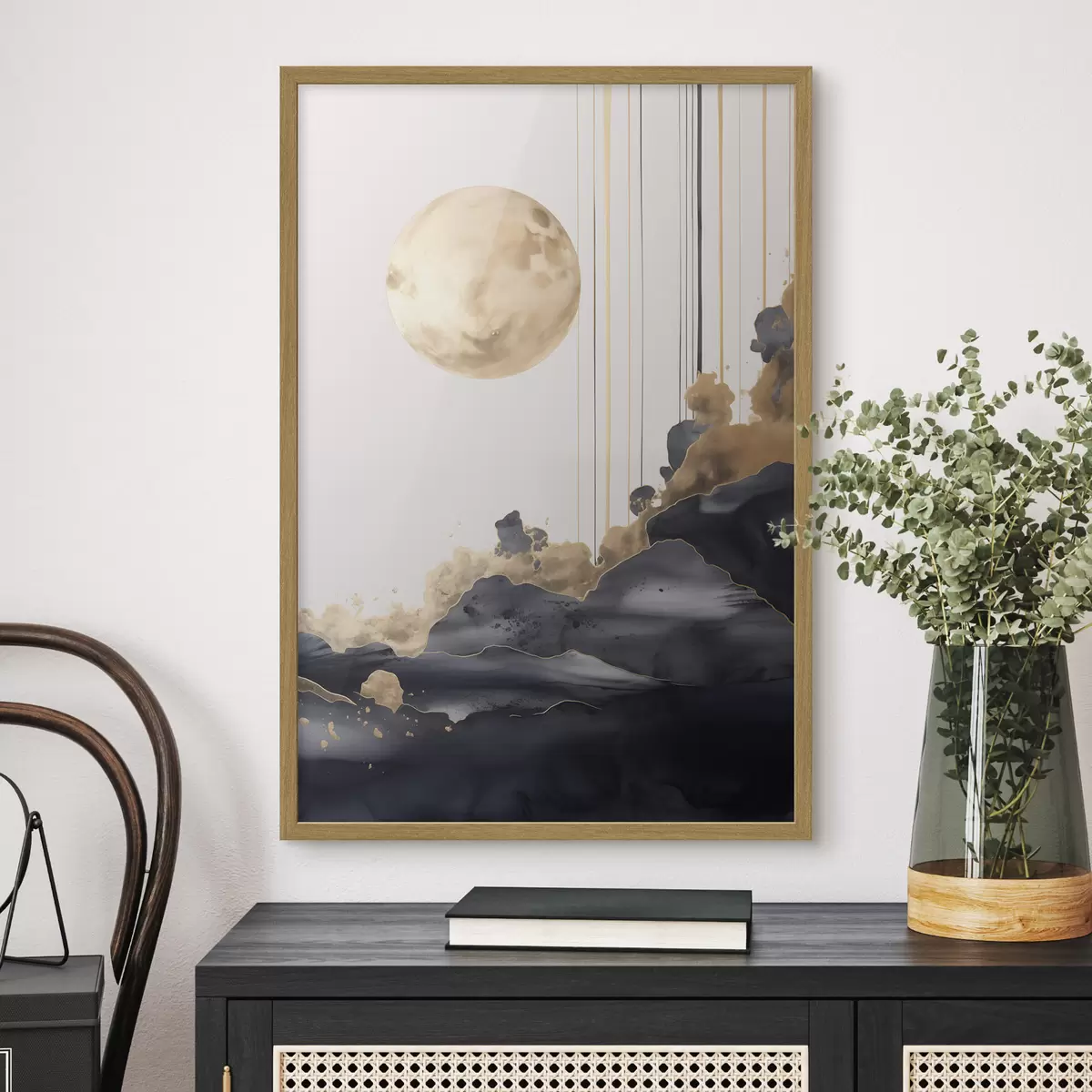 Poster Luna llena con nubes negras y amarillas texturizadas, líneas verticales, estilo abstracto, minimalista y moderno f46707
