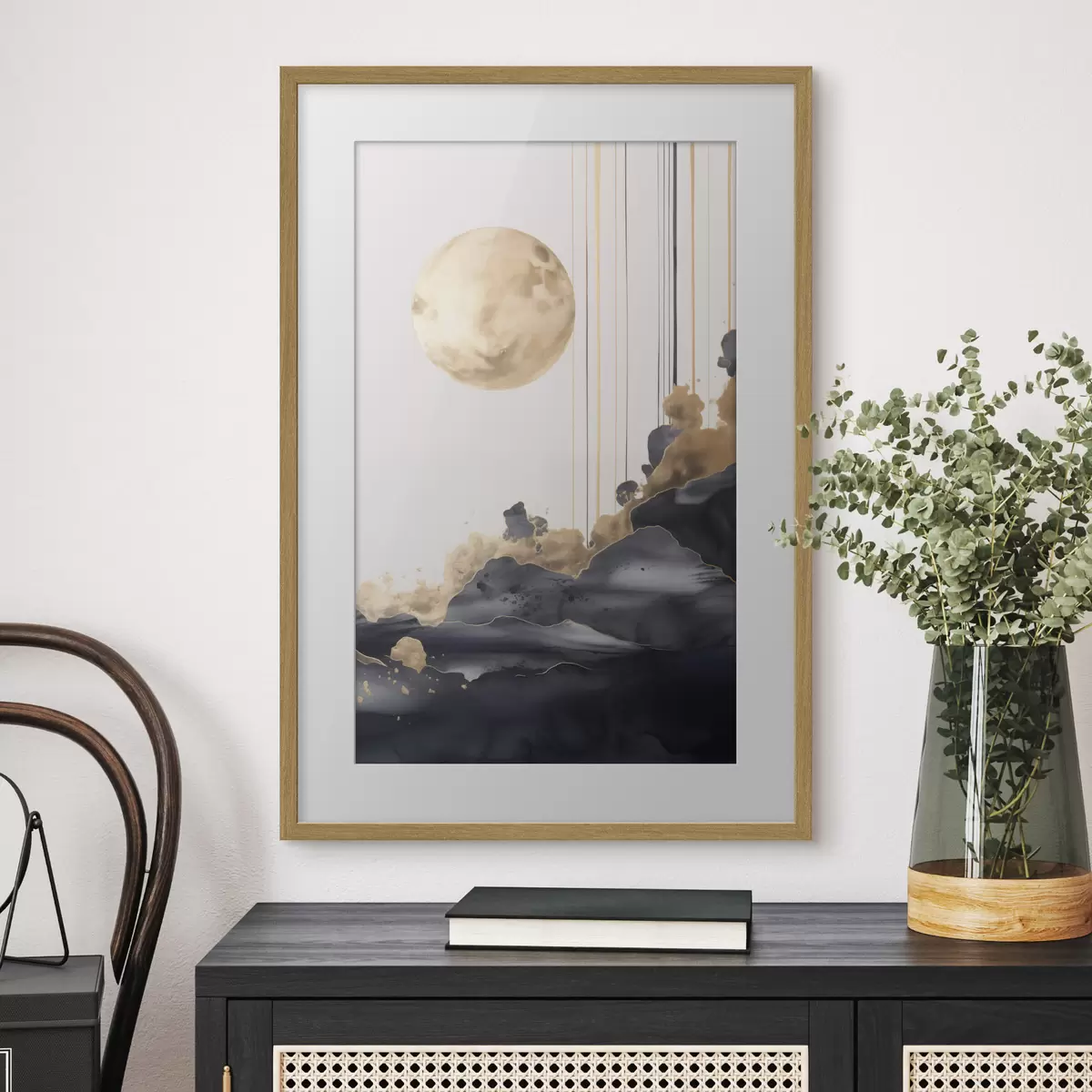 Poster Luna llena con nubes negras y amarillas texturizadas, líneas verticales, estilo abstracto, minimalista y moderno f46707