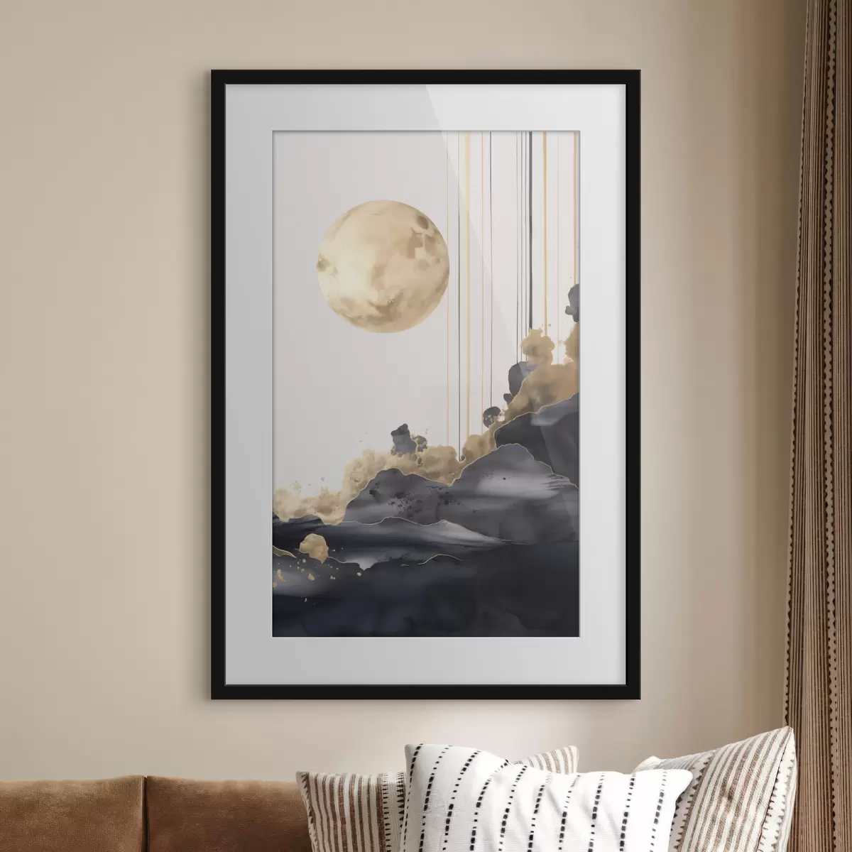 Poster Luna llena con nubes negras y amarillas texturizadas, líneas verticales, estilo abstracto, minimalista y moderno f46707