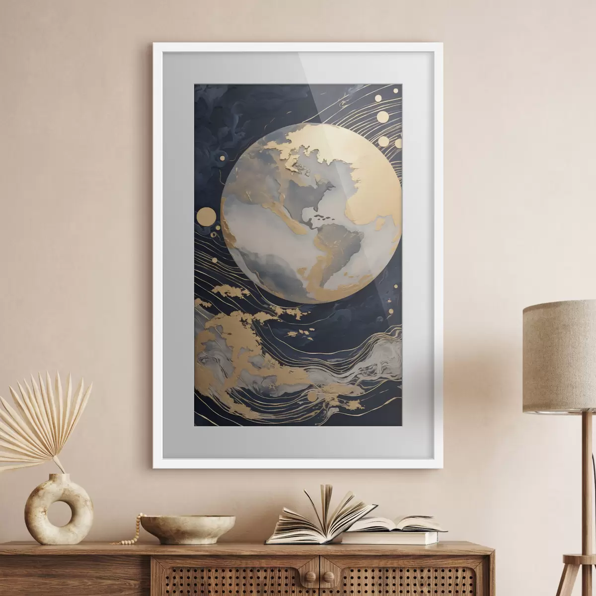 Poster Planeta decorativo con textura, líneas amarillas en el fondo, puntos amarillos en el fondo, fondo oscuro f46708