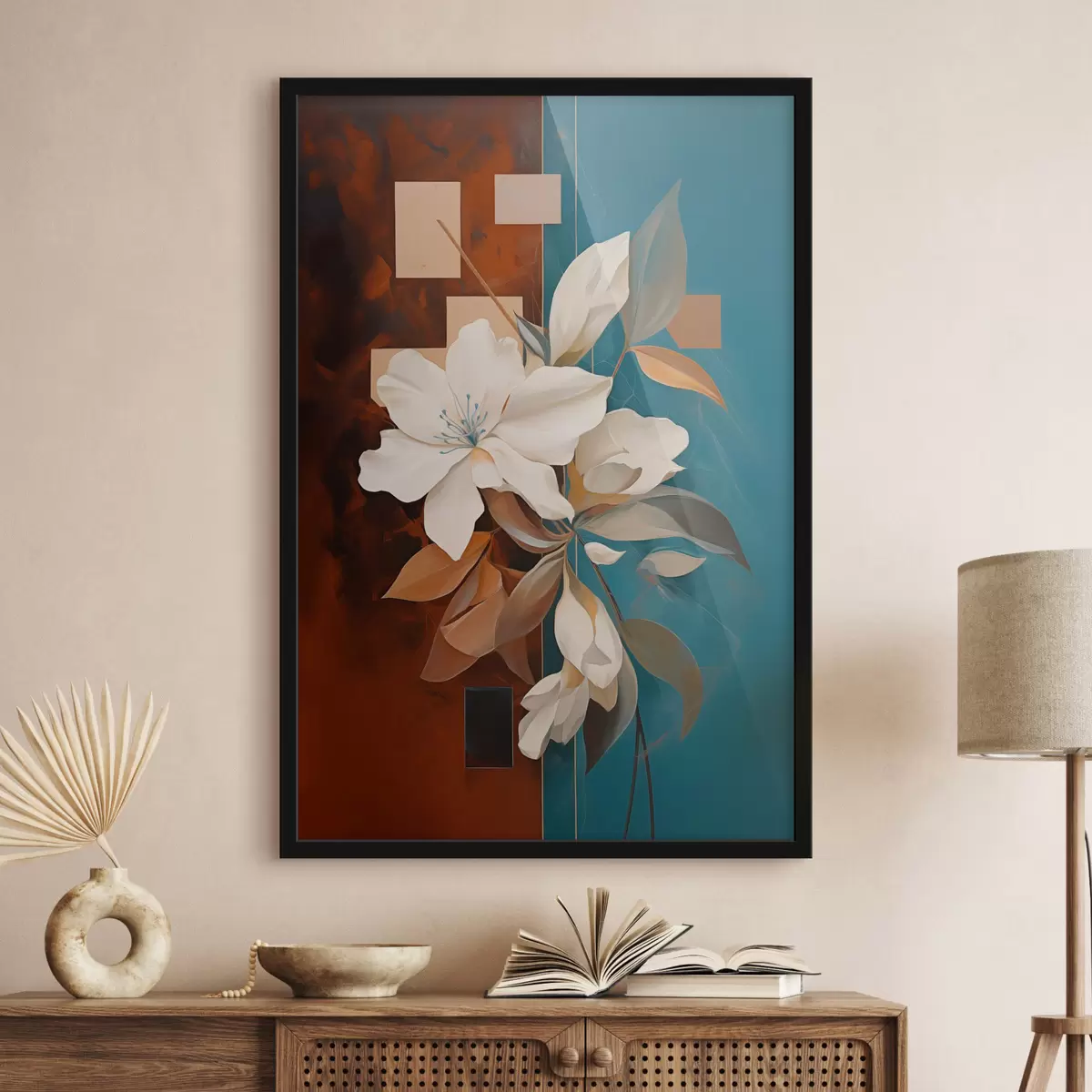 Poster Flores y hojas blancas abstractas con un fondo marrón y azul con formas abstractas, en un estilo minimalista. f46709