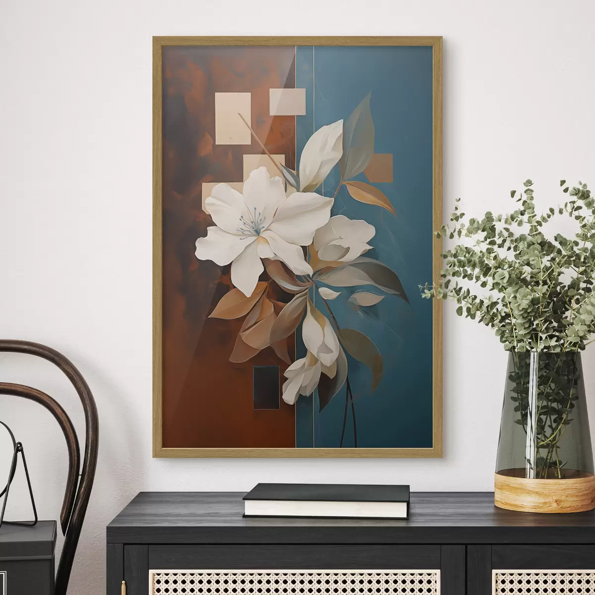 Poster Flores y hojas blancas abstractas con un fondo marrón y azul con formas abstractas, en un estilo minimalista f46709