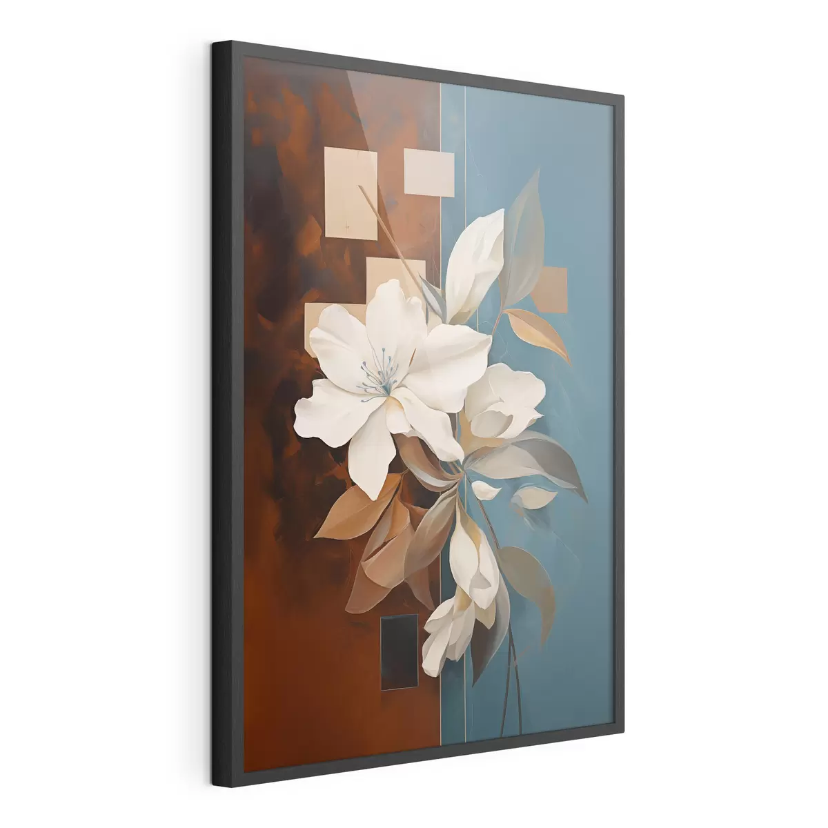 Poster Flores y hojas blancas abstractas con un fondo marrón y azul con formas abstractas, en un estilo minimalista f46709