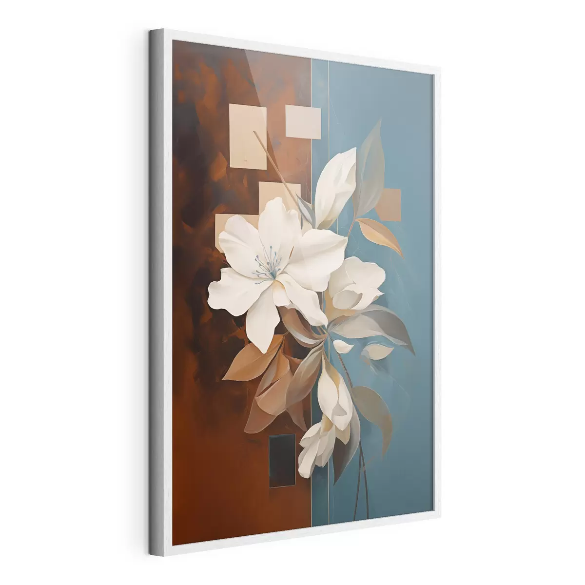 Poster Flores y hojas blancas abstractas con un fondo marrón y azul con formas abstractas, en un estilo minimalista f46709