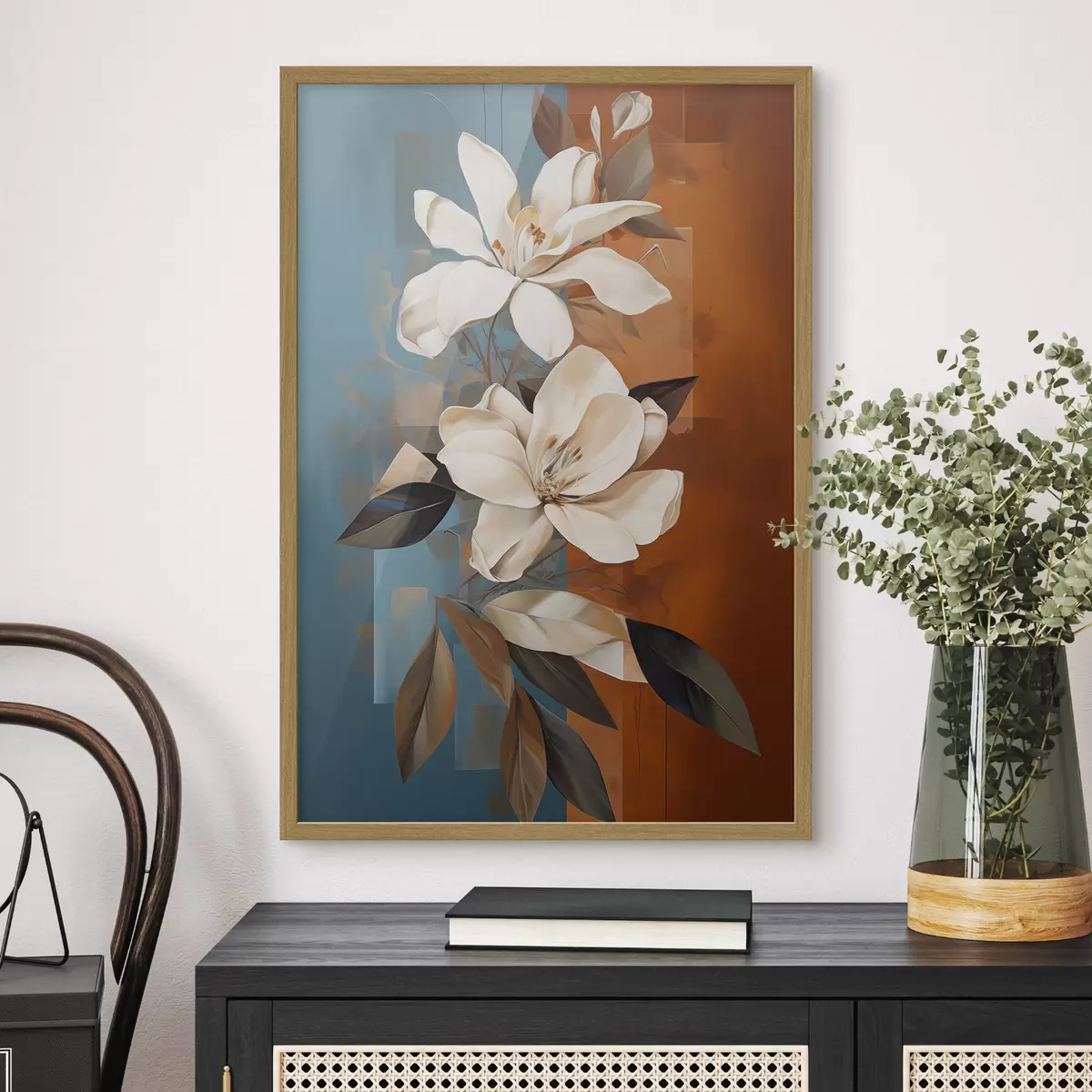 Poster Flores y hojas blancas abstractas con un fondo marrón y azul con formas abstractas, en un estilo minimalista f46710