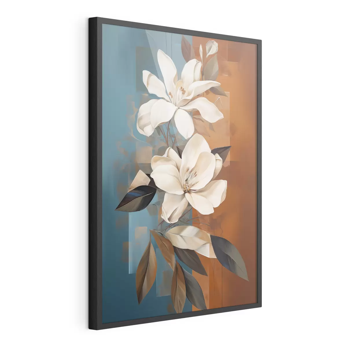 Poster Flores y hojas blancas abstractas con un fondo marrón y azul con formas abstractas, en un estilo minimalista f46710