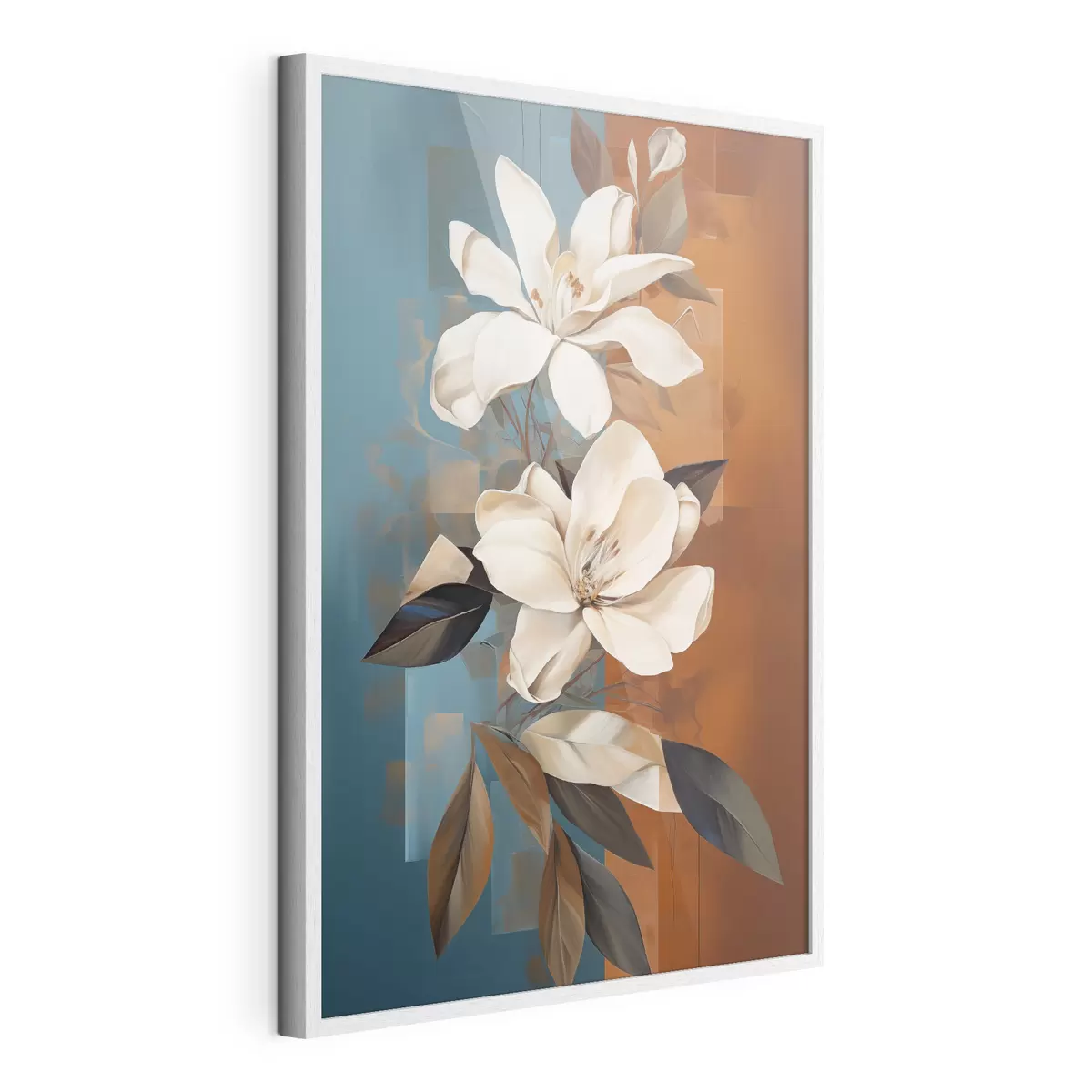 Poster Flores y hojas blancas abstractas con un fondo marrón y azul con formas abstractas, en un estilo minimalista f46710