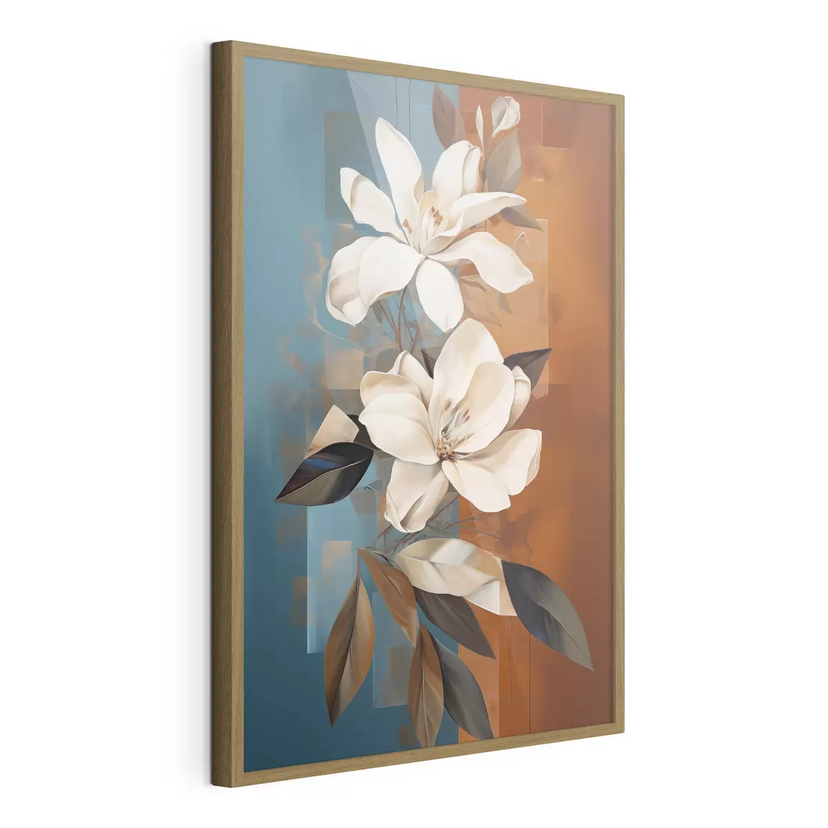 Poster Flores y hojas blancas abstractas con un fondo marrón y azul con formas abstractas, en un estilo minimalista f46710