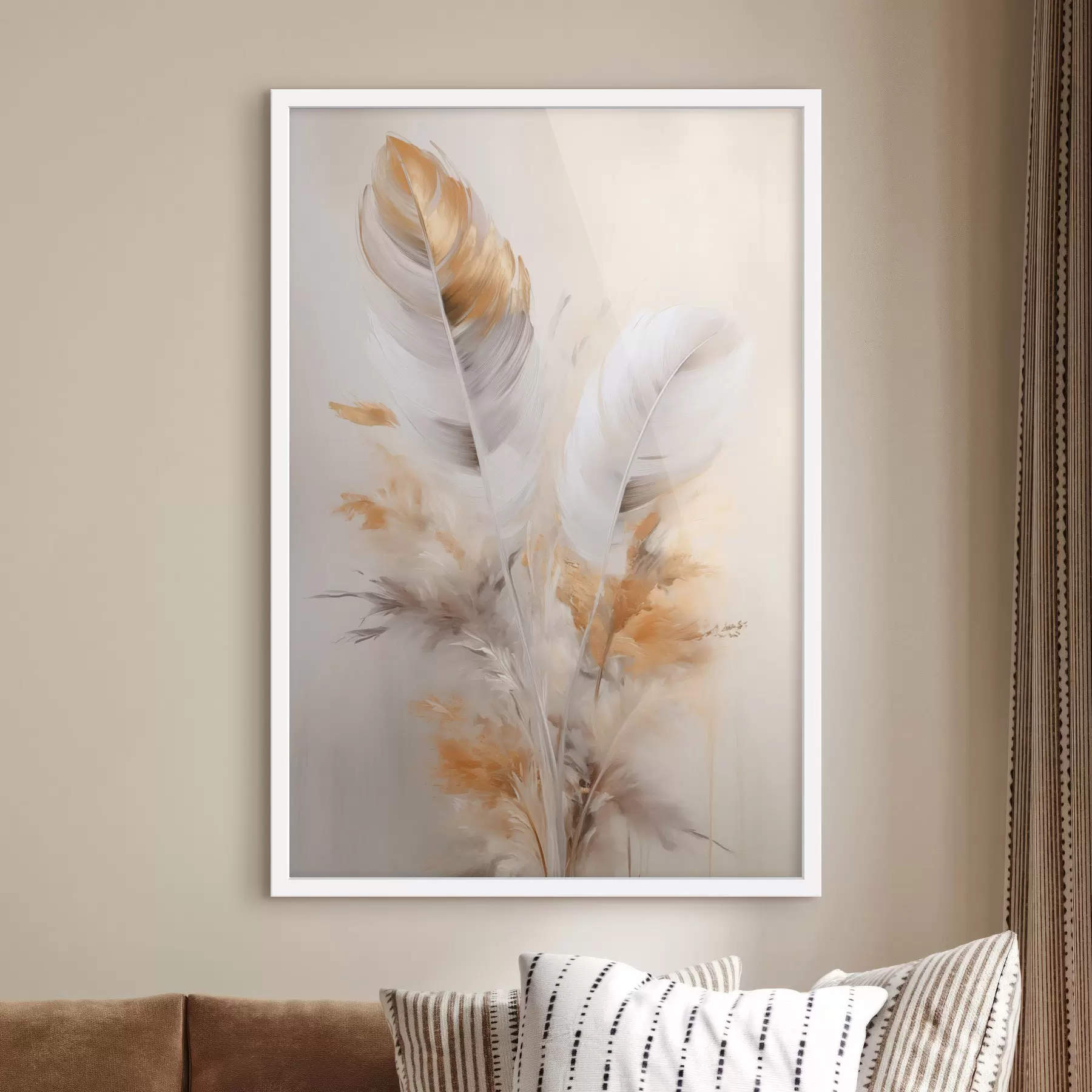 murales de pared Plumas abstractas, rodeadas de plumas beige y marrones, suaves y delicadas, sobre un fondo beige claro f46711