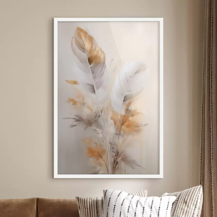 murales de pared Plumas abstractas, rodeadas de plumas beige y marrones, suaves y delicadas, sobre un fondo beige claro. f46711