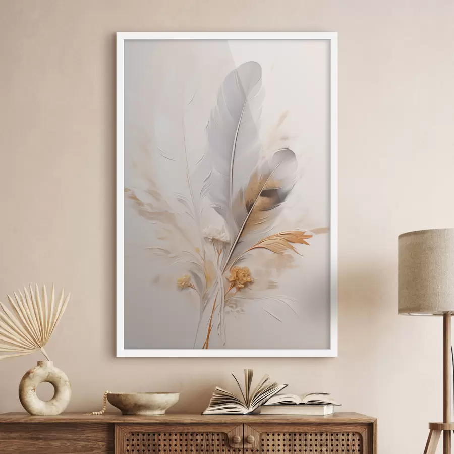 murales de pared Plumas abstractas, rodeadas de plumas beige y marrones, suaves y delicadas, sobre un fondo beige claro. f46712