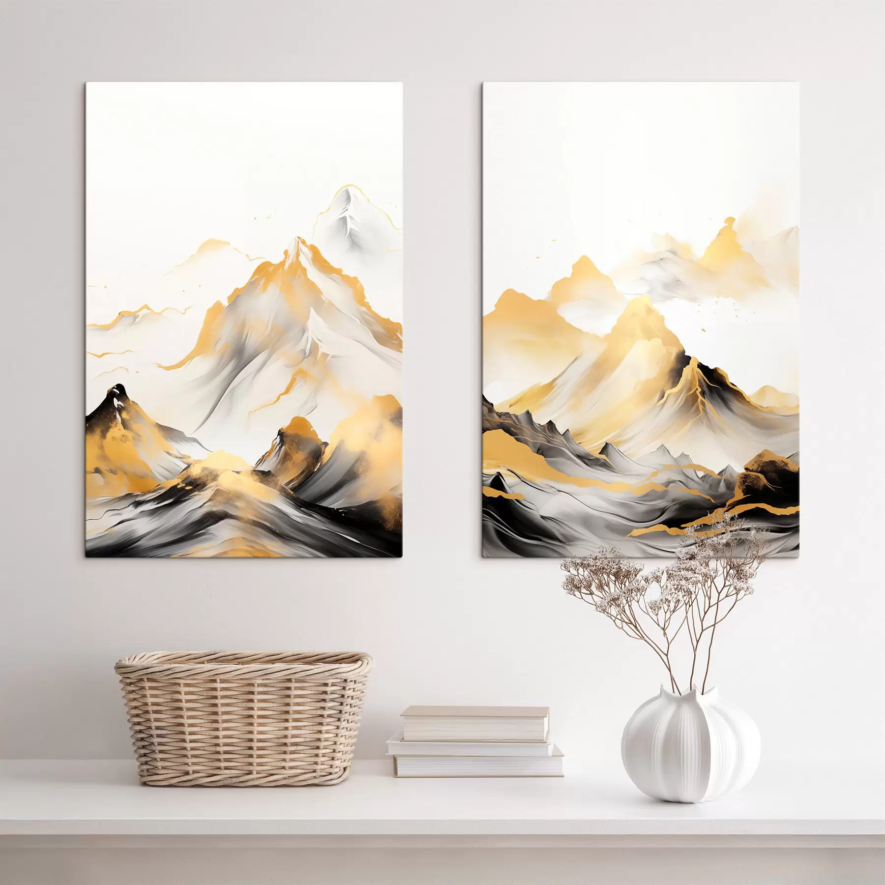 murales de pared Montañas amarillas y negras con picos nevados, estilo de pintura con tinta china, cordillera minimalista m01002