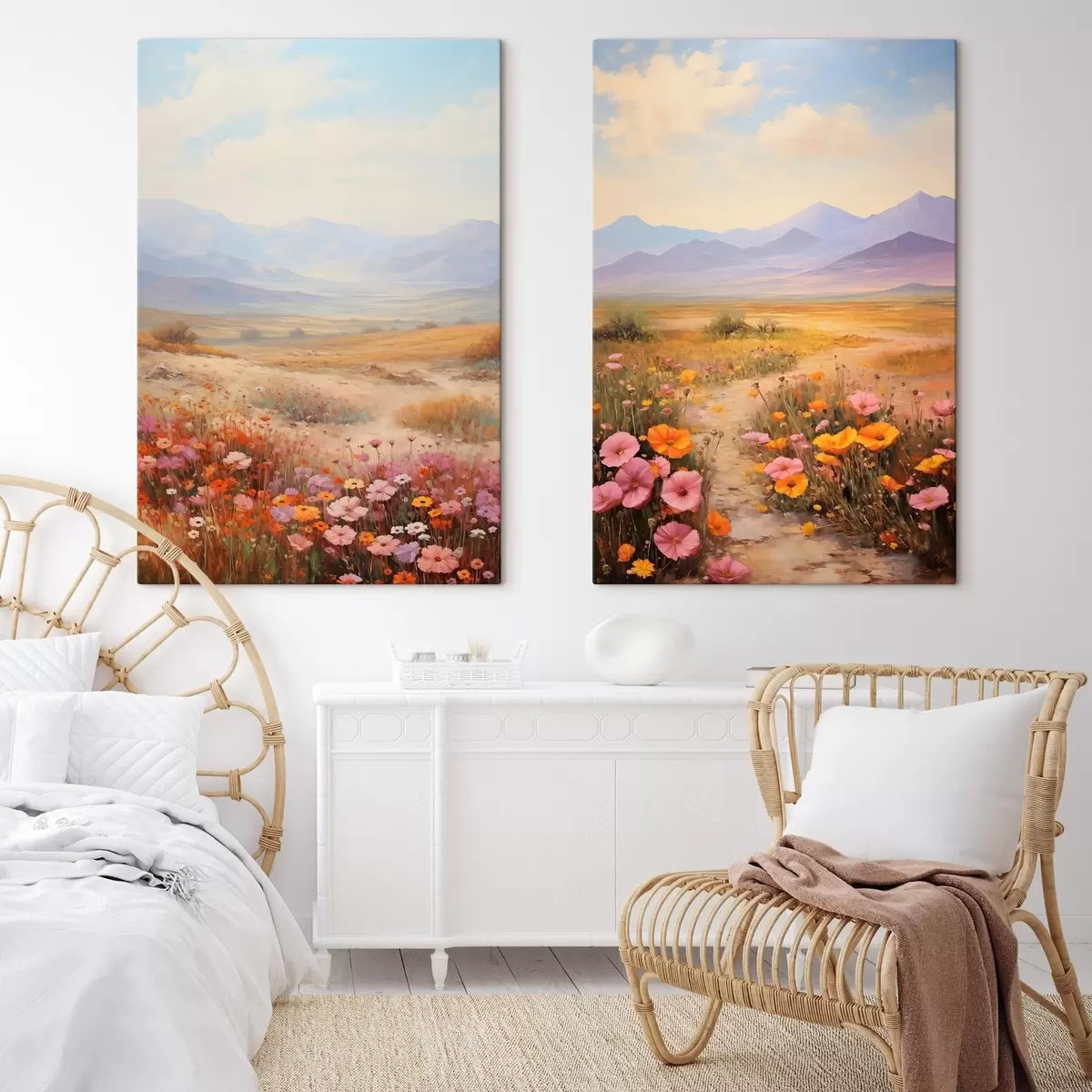 murales de pared Paisaje, un campo de flores coloridas con montañas al fondo, colores suaves y pastel. m01003