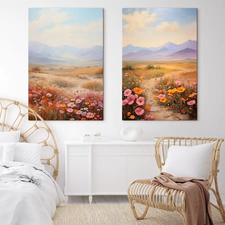 murales de pared Paisaje, un campo de flores coloridas con montañas al fondo, colores suaves y pastel. m01003