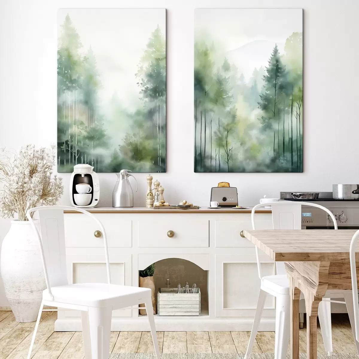 murales de pared Imitación de pintura en acuarela de un bosque abstracto con árboles altos y follaje verde, colores suaves y apagados. m01005