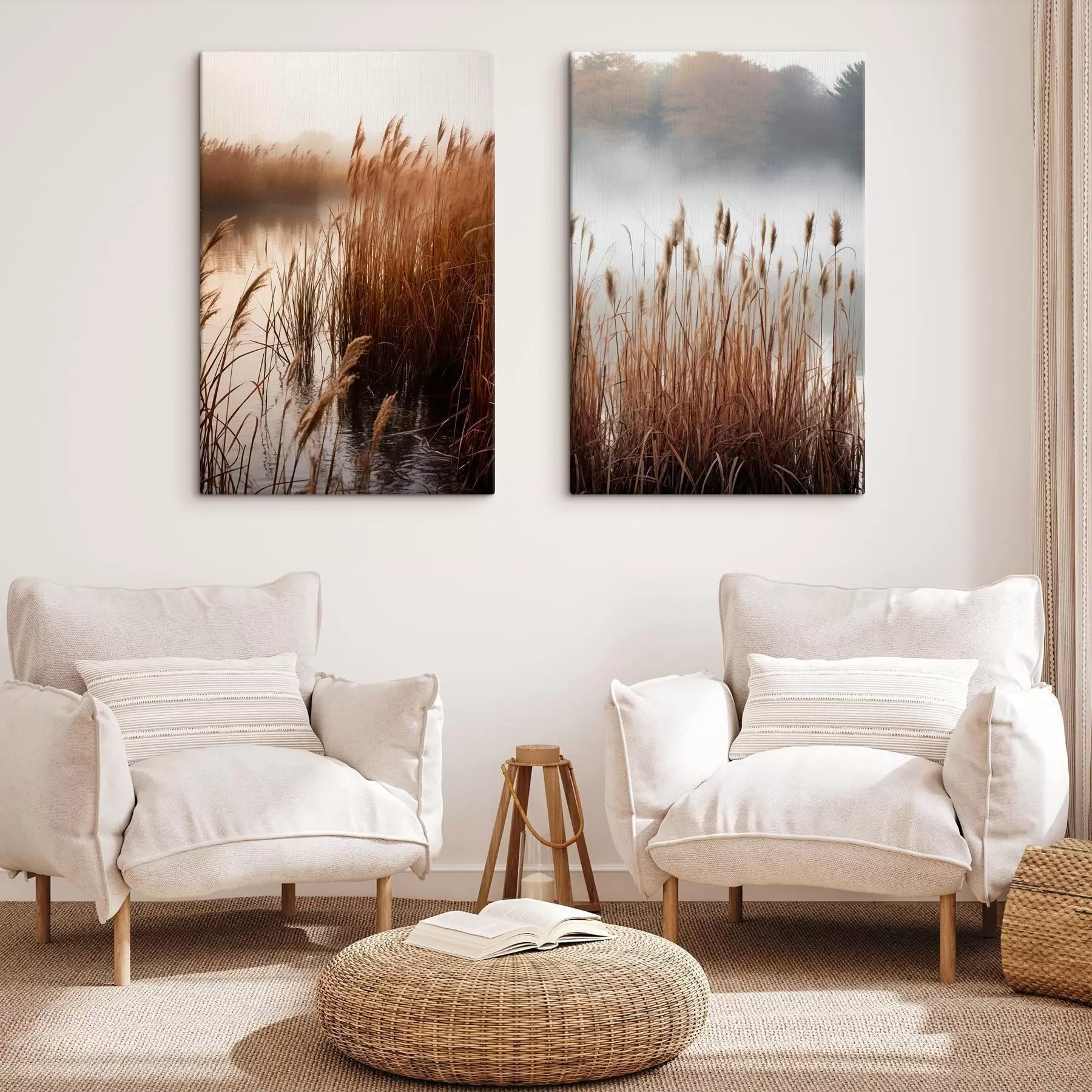 murales de pared Juncos altos que crecen en un cuerpo de agua, el agua refleja los juncos, fondo brumoso, luz suave, escena natural m01008