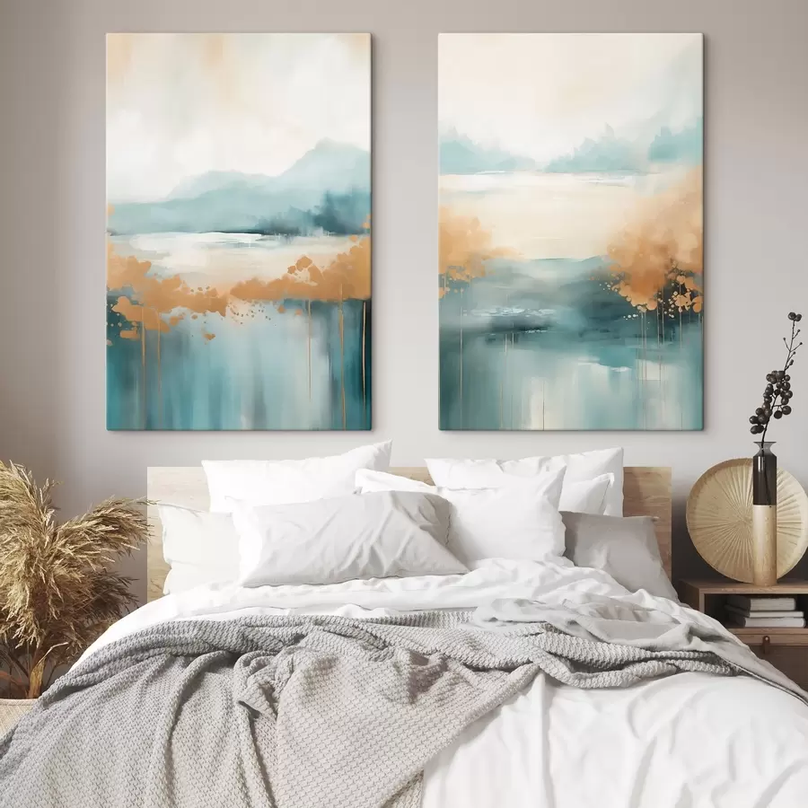 murales de pared Paisaje abstracto con montañas y lago en verde azulado y amarillo texturizado, pinceladas suaves, obra de arte minimalista. m01012