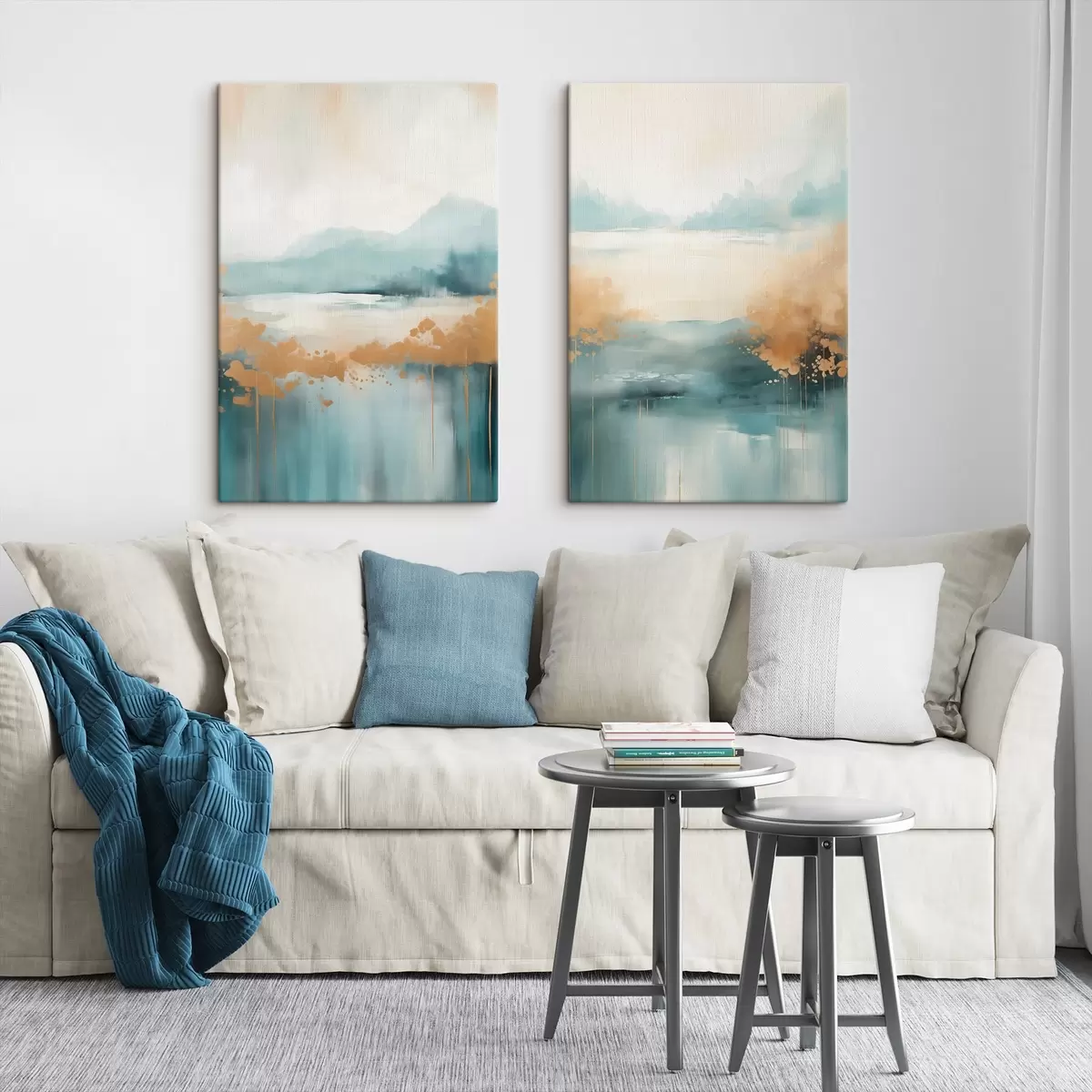 murales de pared Paisaje abstracto con montañas y lago en verde azulado y amarillo texturizado, pinceladas suaves, obra de arte minimalista. m01012