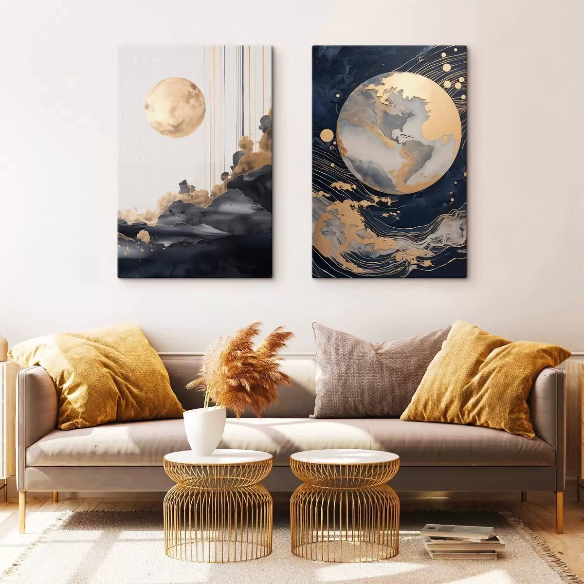 murales de pared Planeta decorativo texturizado en el espacio con líneas y puntos amarillos, estilo abstracto, minimalista y moderno. m01014