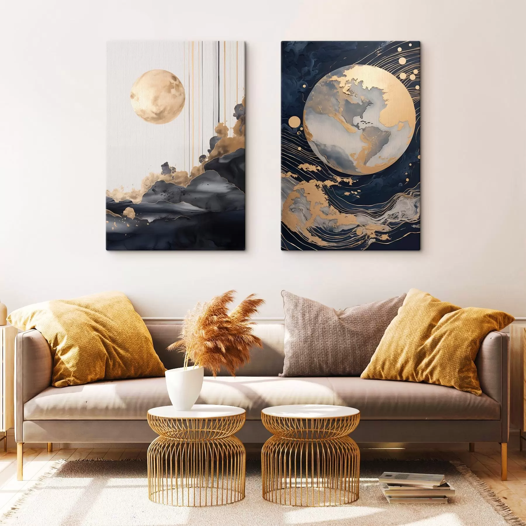 murales de pared Planeta decorativo texturizado en el espacio con líneas y puntos amarillos, estilo abstracto, minimalista y moderno m01014