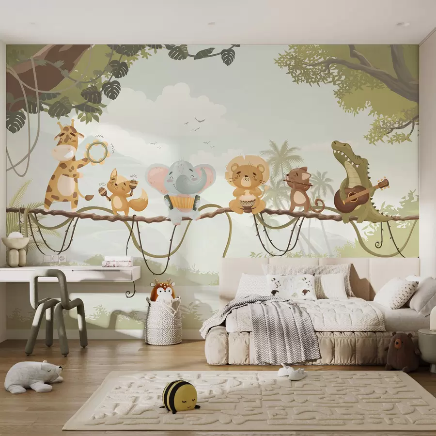 murales de pared Animales con instrumentos musicales frente a un paisaje tropical w04505v1