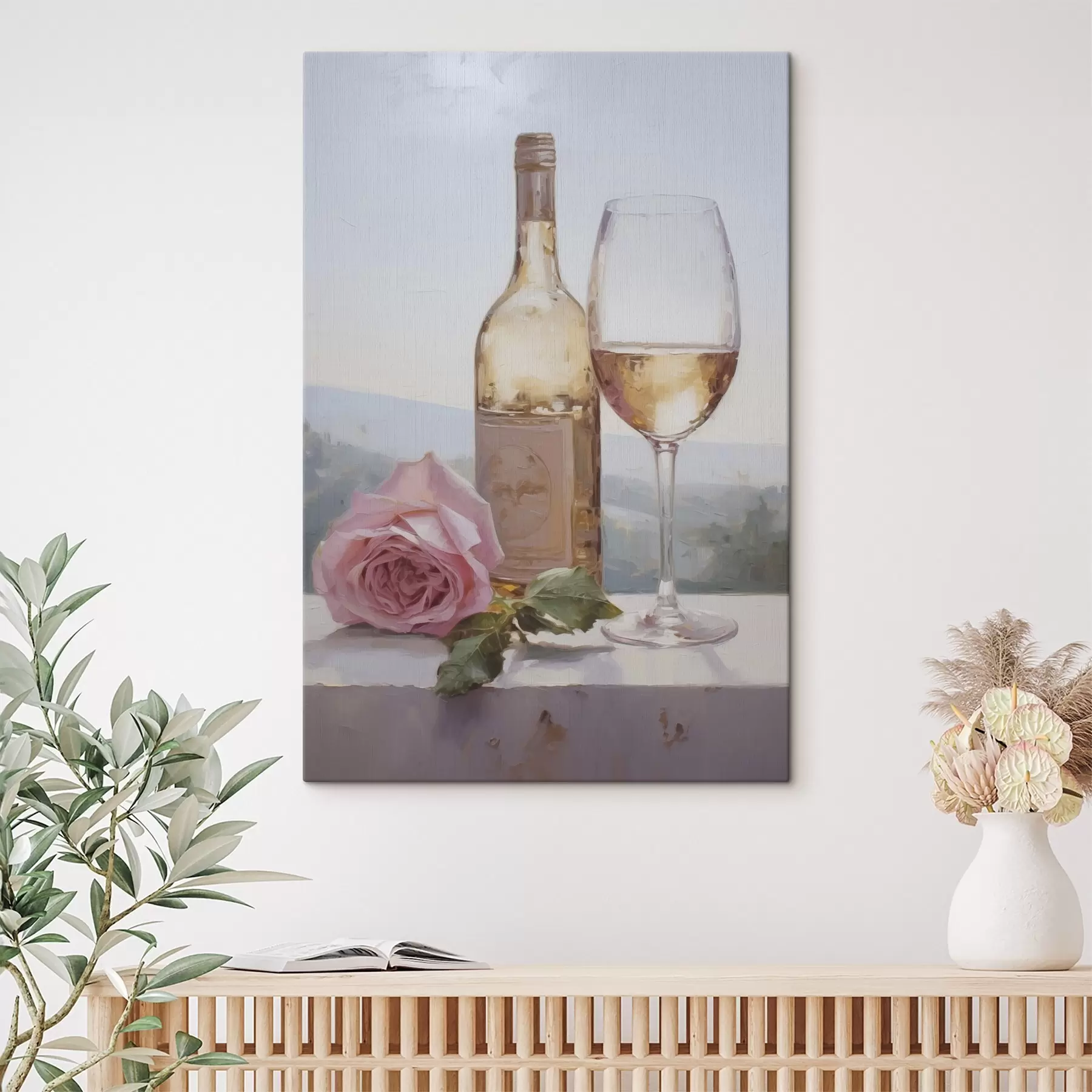 murales de pared Una botella y una copa de vino y un perro pequeño con gafas, pintura de imitación. s46721