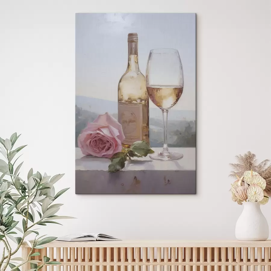 murales de pared Una botella y una copa de vino y un perro pequeño con gafas, pintura de imitación. s46721