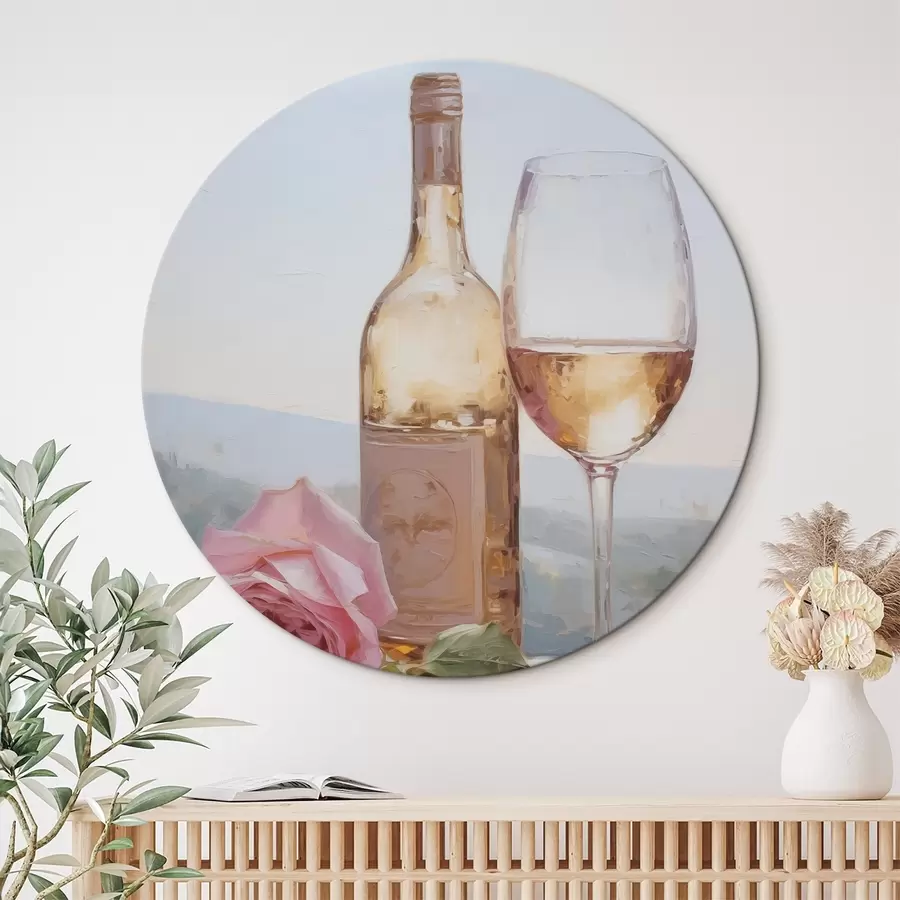 murales de pared Una botella y una copa de vino y un perro pequeño con gafas, pintura de imitación r46721