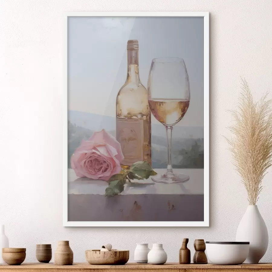 murales de pared Una botella y una copa de vino y un perro pequeño con gafas, pintura de imitación f46721