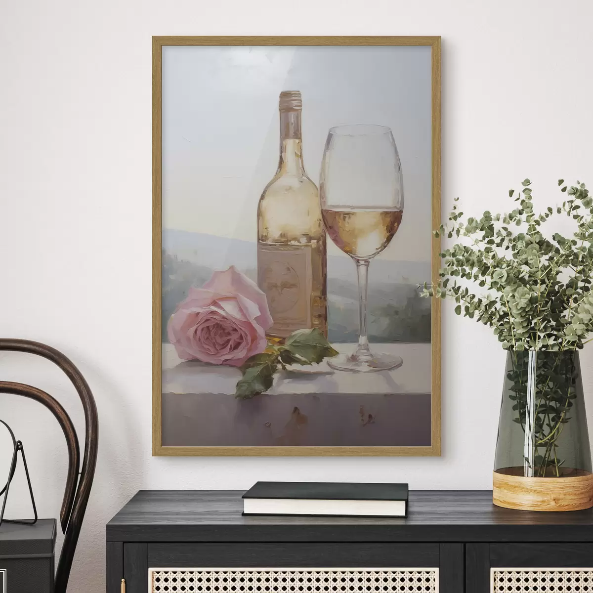 Poster Una botella y una copa de vino y un perro pequeño con gafas, pintura de imitación f46721