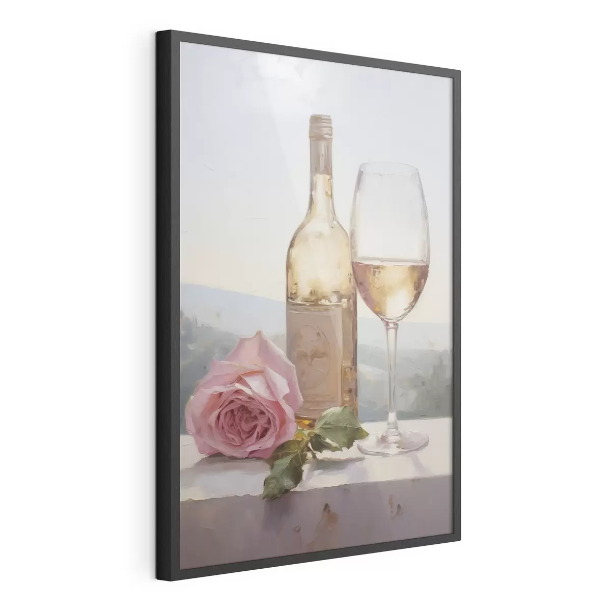 Poster Una botella y una copa de vino y un perro pequeño con gafas, pintura de imitación f46721