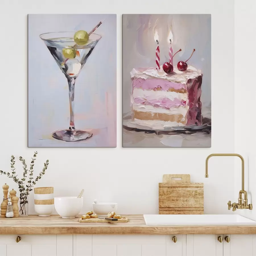 murales de pared Un vaso con una bebida y un trozo de tarta, pintura de imitación. m01019