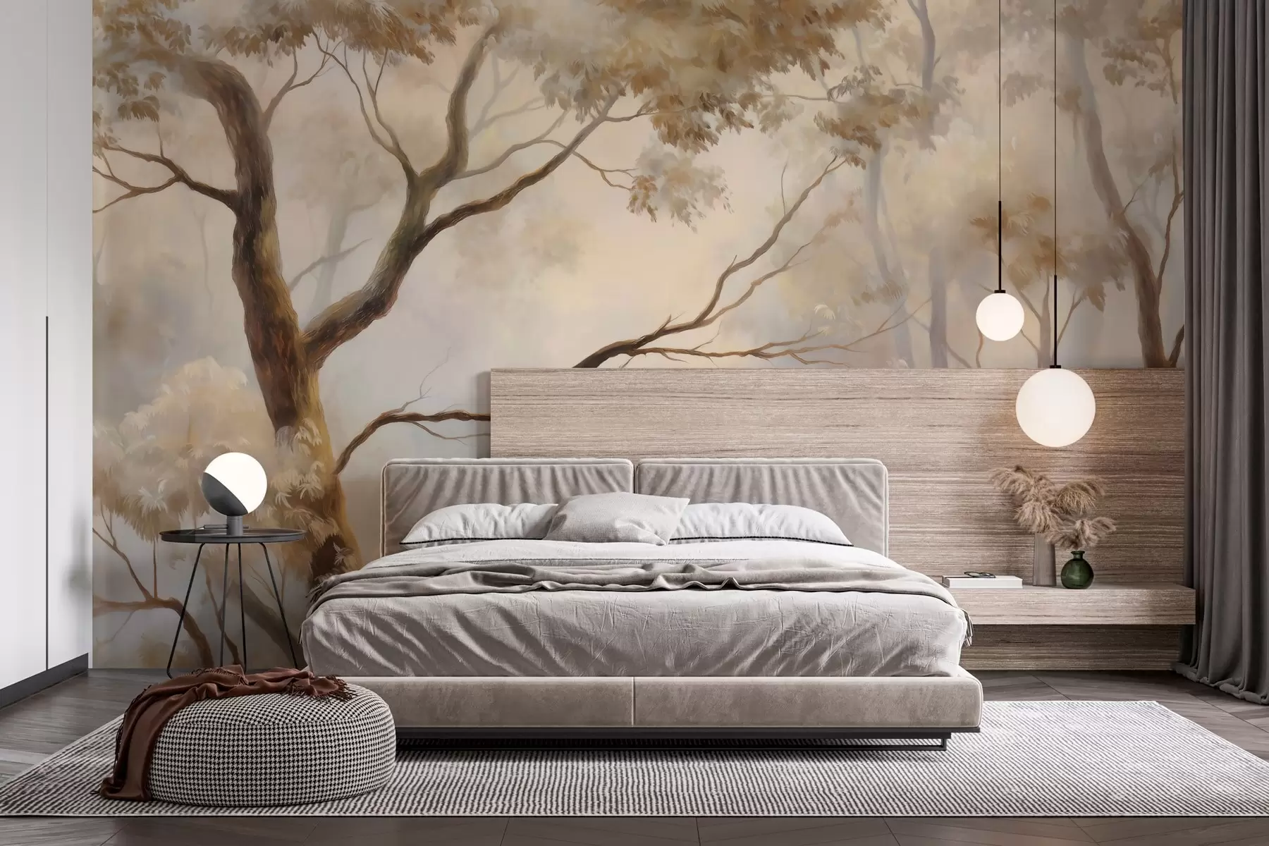 murales de pared El bosque envuelto en la ligera niebla matinal. Una delicada pintura atmosférica al estilo de un paisaje artístico w04817