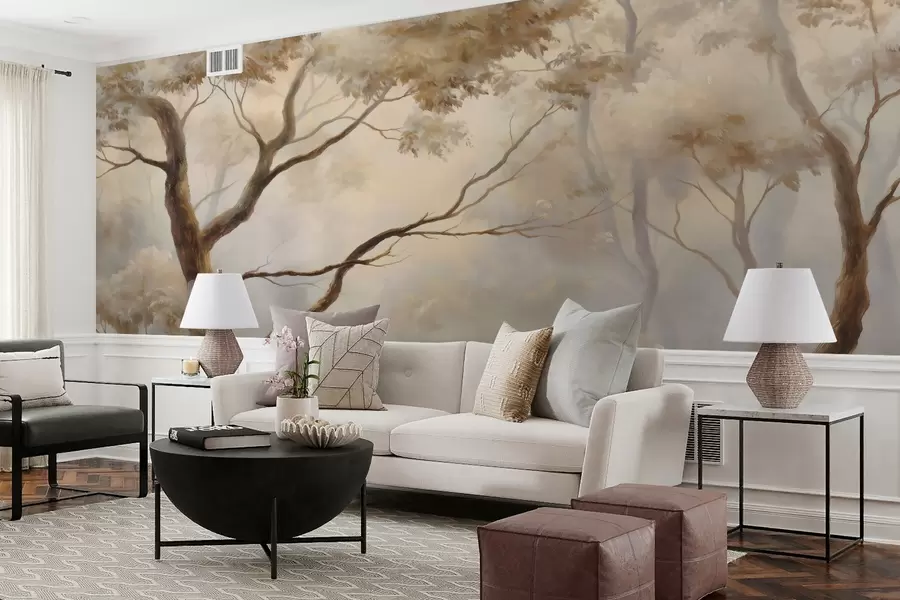 murales de pared El bosque envuelto en la ligera niebla matinal. Una delicada pintura atmosférica al estilo de un paisaje artístico w04817