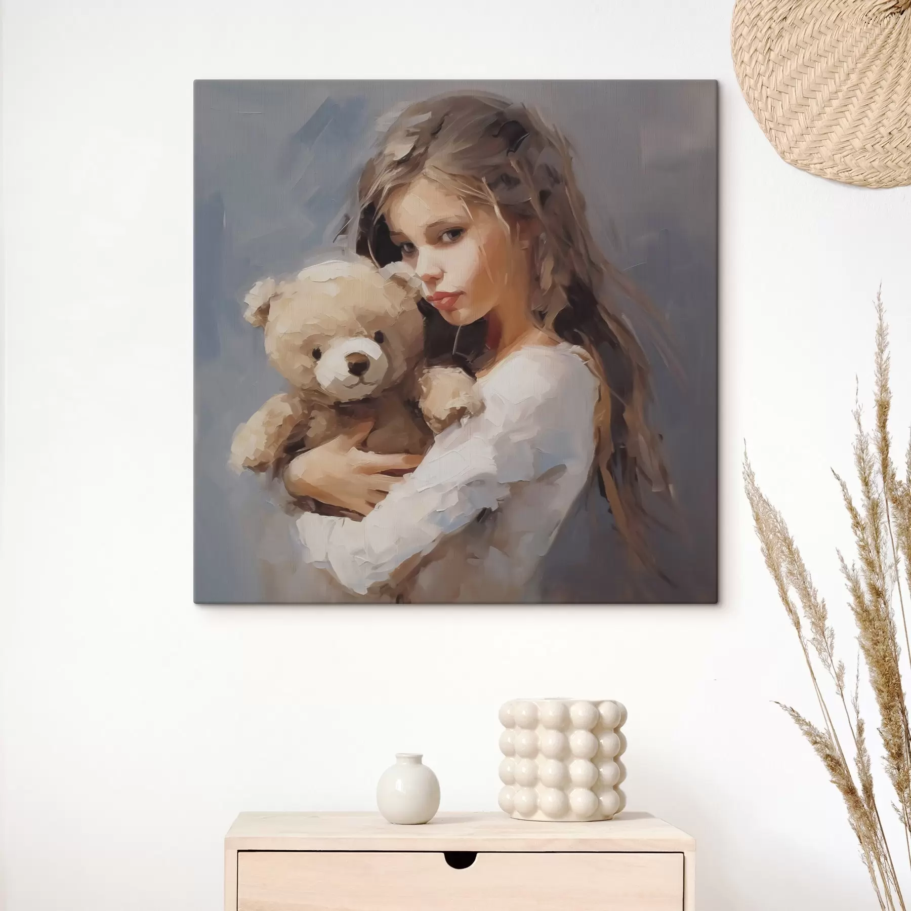 murales de pared Niña con un oso de peluche, pintura de imitación s46746