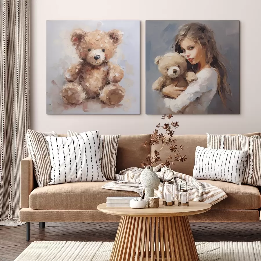 murales de pared Niña con un oso de peluche, pintura de imitación m01029