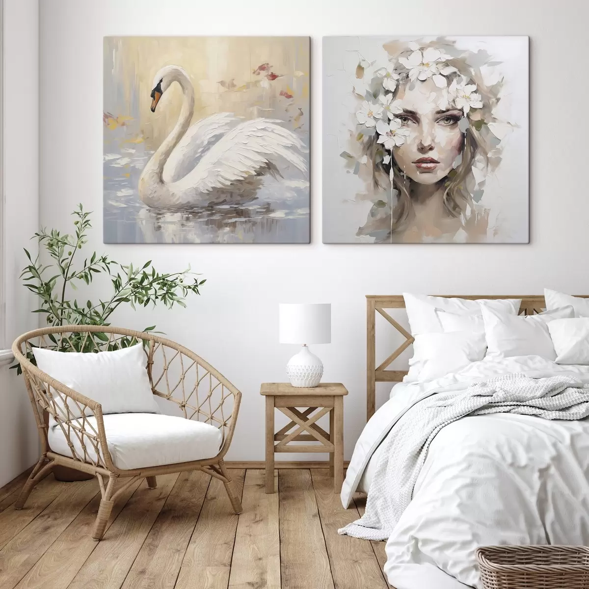 murales de pared Cisne y retrato de una niña, pintura de imitación m01030