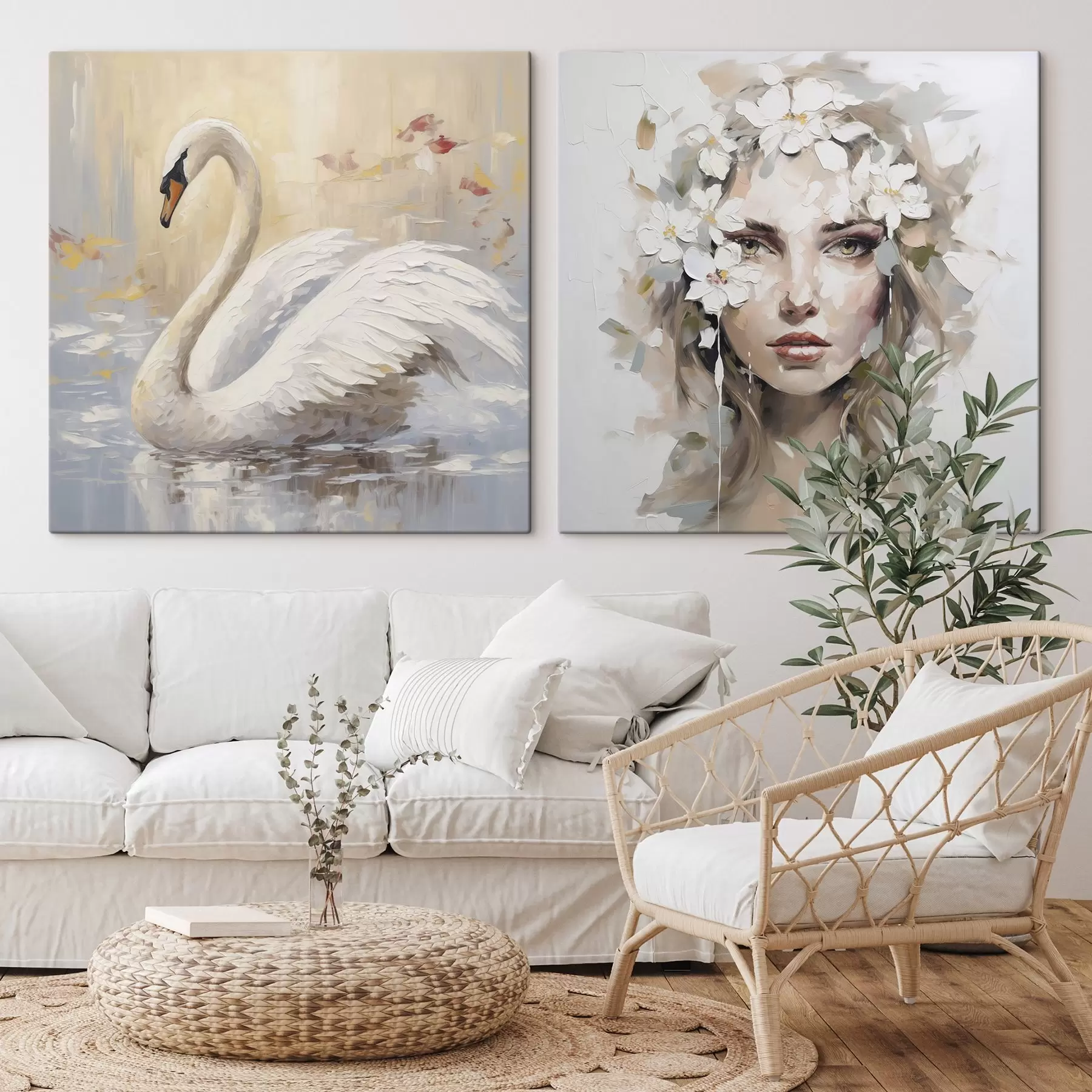 murales de pared Cisne y retrato de una niña, pintura de imitación m01030