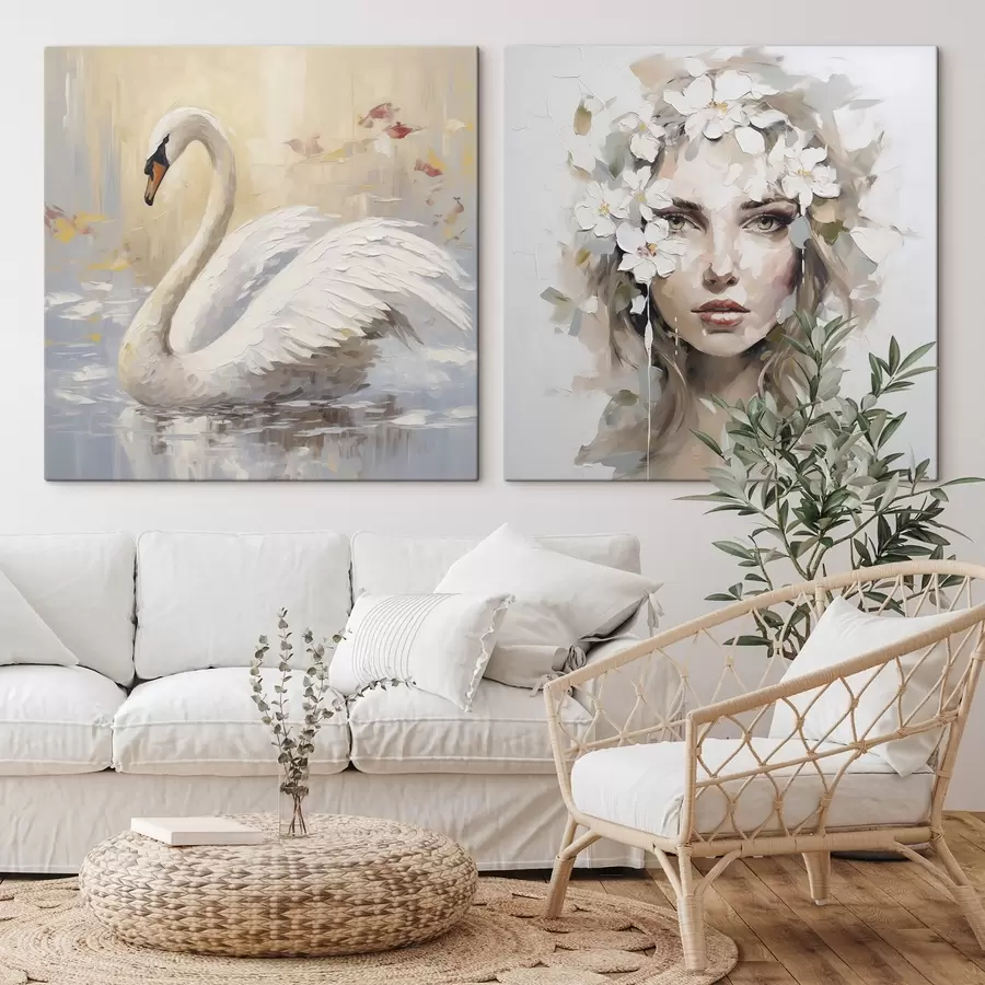 murales de pared Cisne y retrato de una niña, pintura de imitación m01030