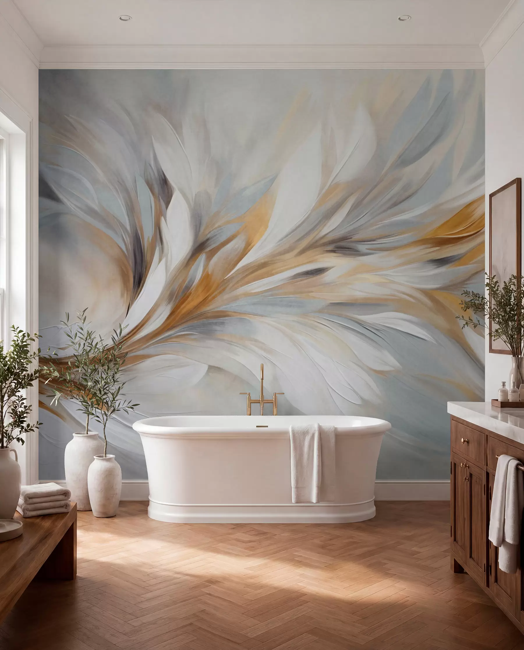 murales de pared Pinceladas de ámbar y plata w09552