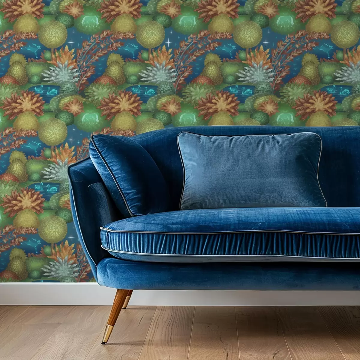 Papel pintado Jardín nocturno de cuento de hadas con un lago y animales luminosos. a00851