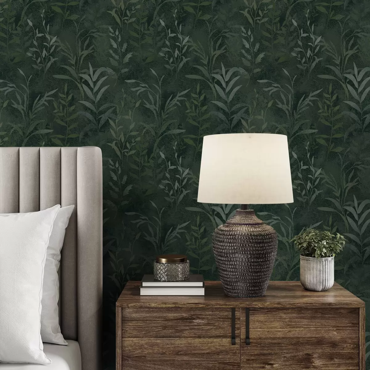 Papel pintado Fondo verde oscuro con ramas de hojas translúcidas. a00888