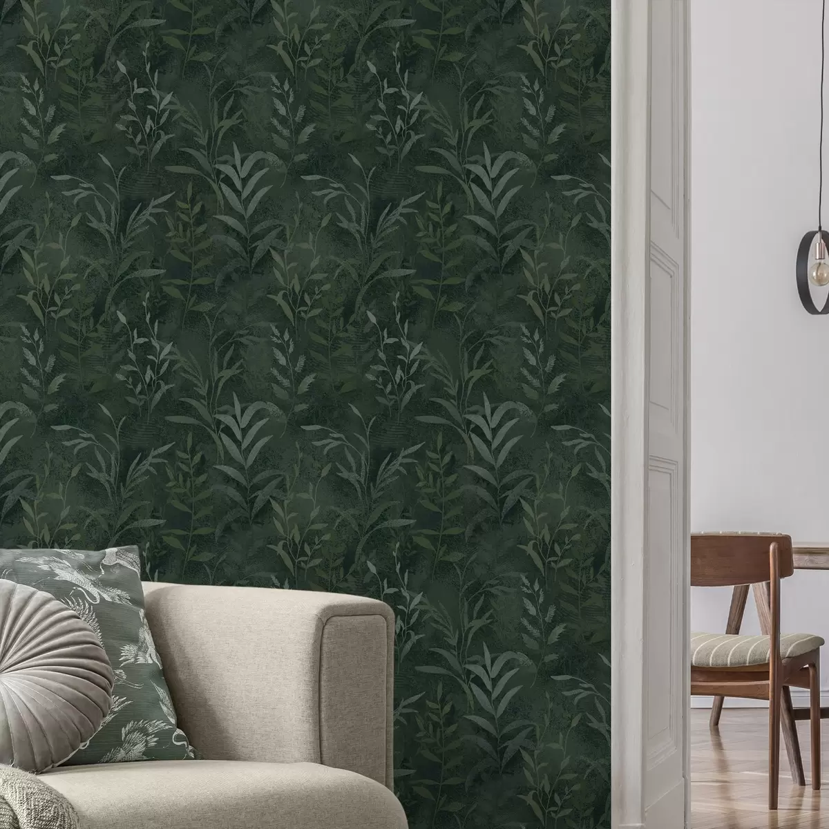 Papel pintado Fondo verde oscuro con ramas de hojas translúcidas. a00888