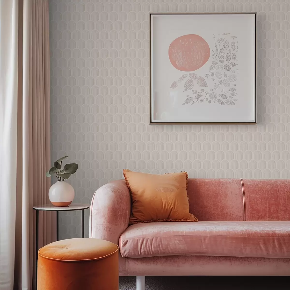 Papel pintado Fila de formas arqueadas en suaves rayas beige, estilo retro. a00923