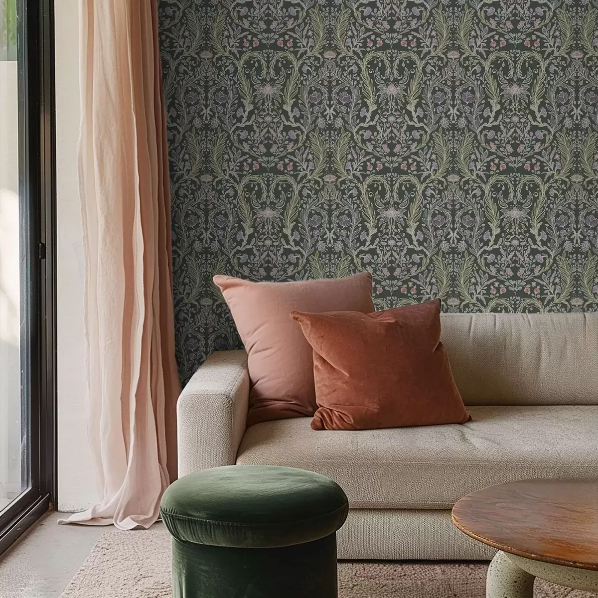 Papel pintado Adorno floral simétrico sobre fondo verde oscuro. a00928